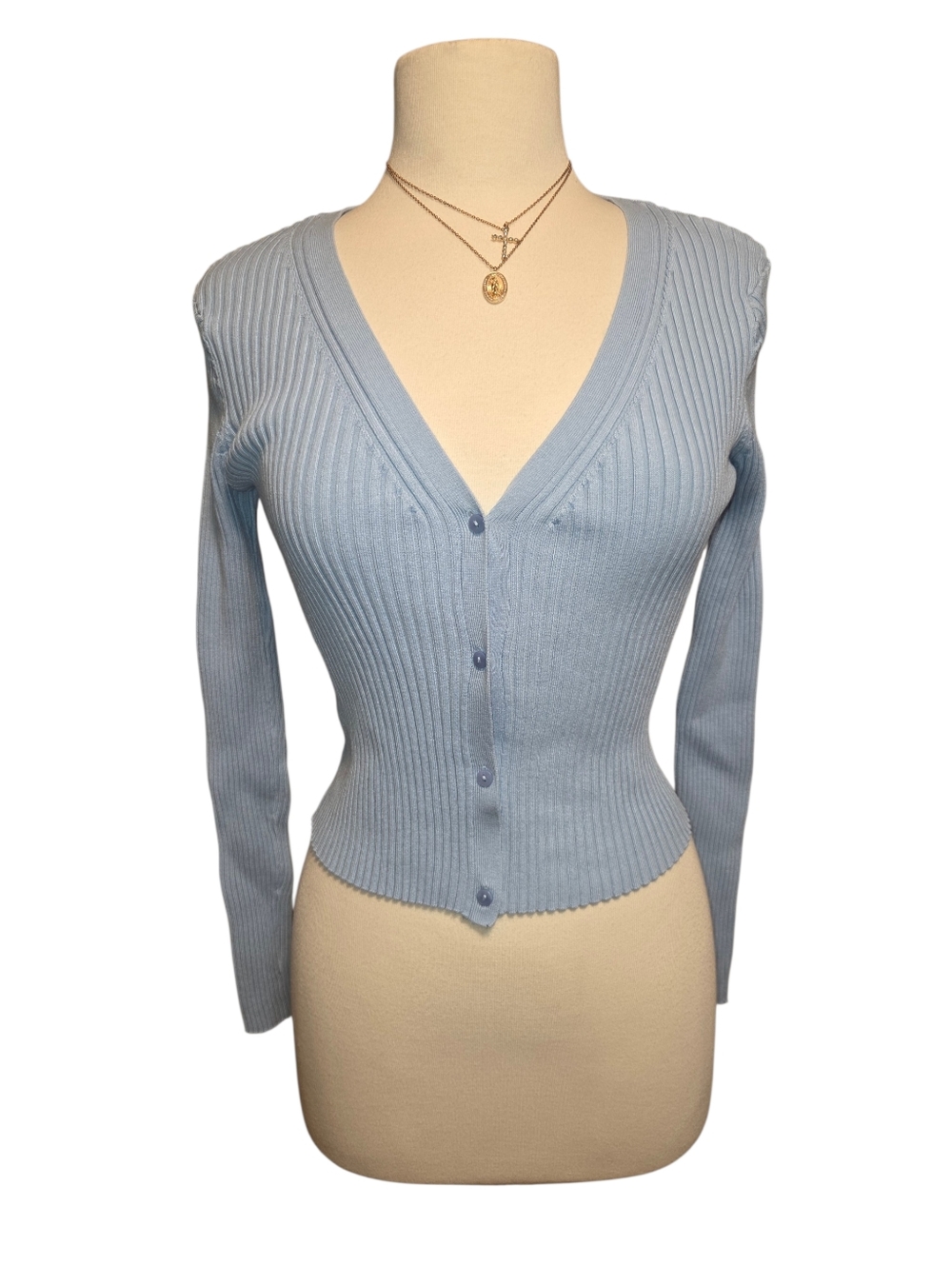 H & M Baby Blue Ribbed V-Neck Button-Up Sweater Size Medium